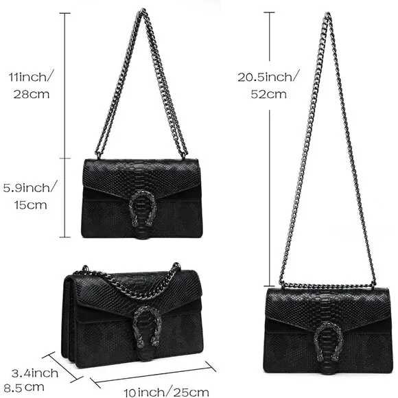 Snake Print Leather Crossbody Bag for Women with Chain Strap and Clutch Style - Picture 3 of 7